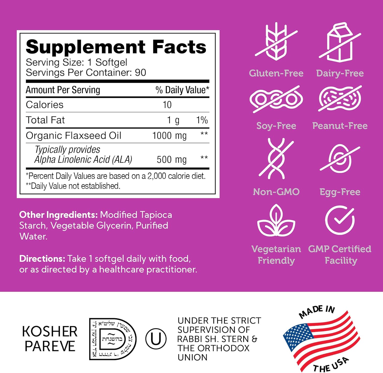 Zahler Organic Flaxseed Oil - 1000mg Softgels - Organic Omega 3 ALA Supplement -(90 Count)