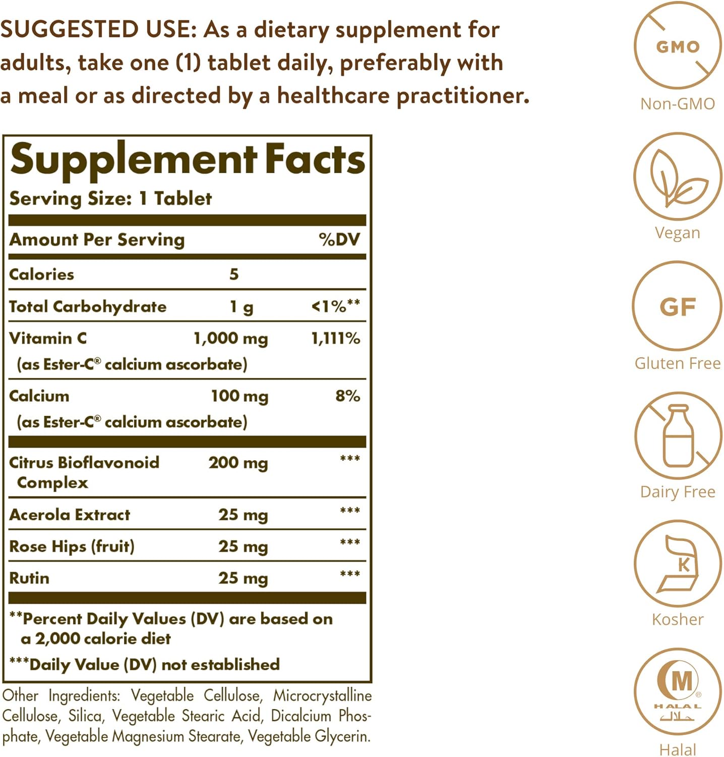 Solgar Ester-C Plus 1000 mg Vitamin C (Ascorbate Complex) - 180 Tablets - Gentle & Non Acidic - Supports Upper Respiratory Health