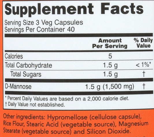 NOW Foods Supplements, D-Mannose 500 mg, Non-GMO Project Verified, Healthy Urinary Tract* 120 Caps 500 mg