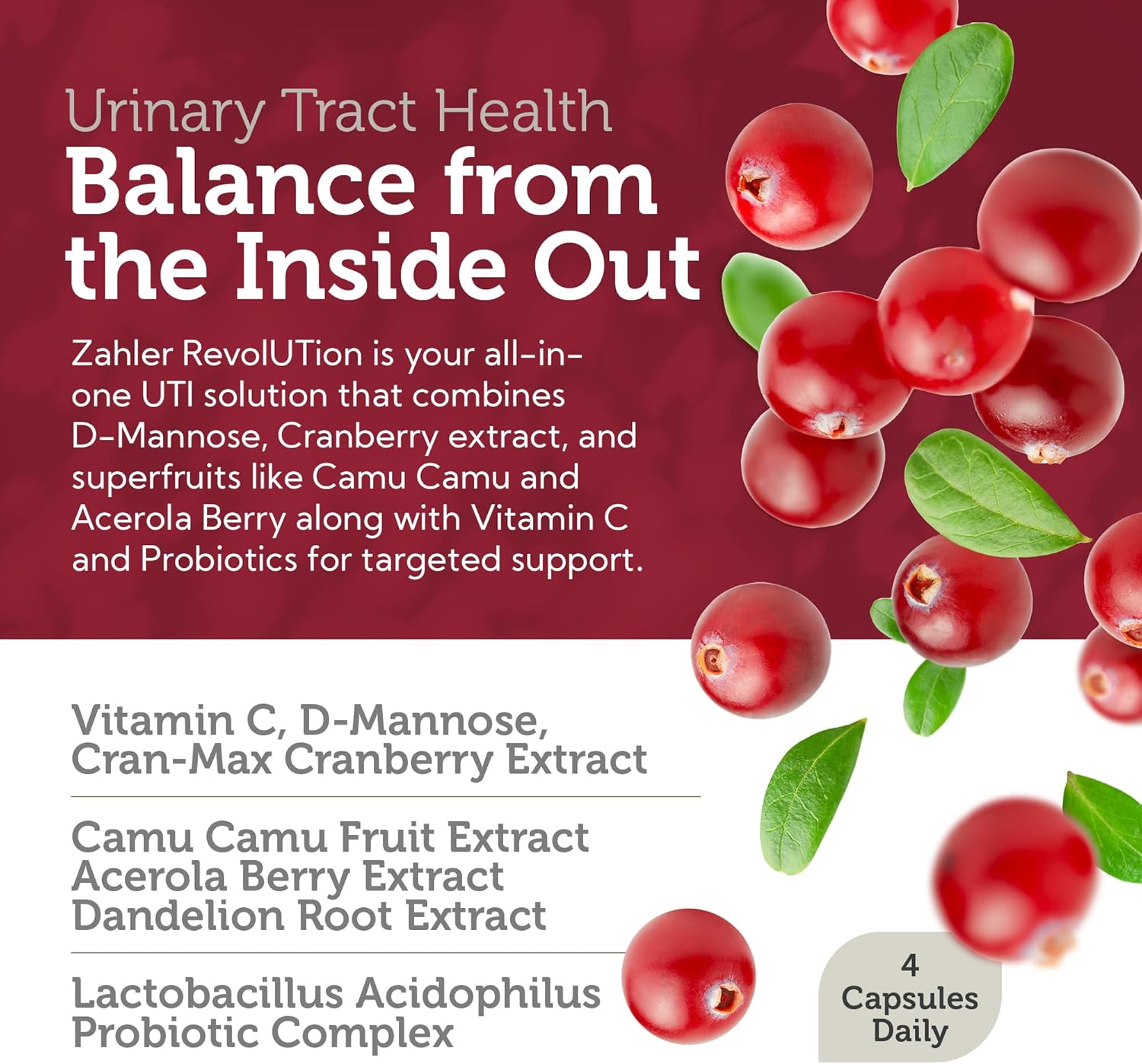 Zahler Revolution - Complete Womens Urinary Tract Health Formula with Probiotics - UTI Pills - 1200mg D-Mannose and Cranberry Supplement -(120 Capsules)