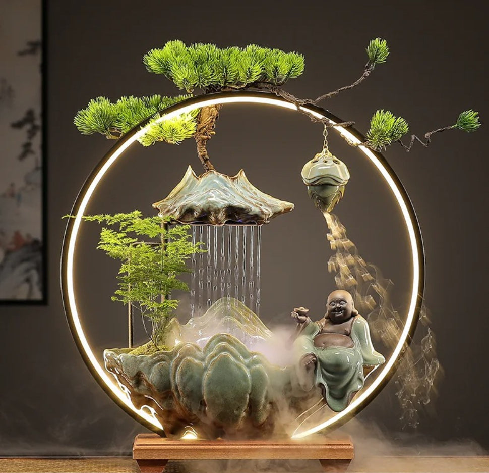 Flowing Water "High Mountain" Bonsai Fountain – Zen Tabletop Water Feature, Feng Shui Prosperity Gift Wealth-Attracting Maitreya L-50*15*52cm