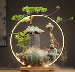 Flowing Water "High Mountain" Bonsai Fountain – Zen Tabletop Water Feature, Feng Shui Prosperity Gift Wealth-Attracting Maitreya L-50*15*52cm