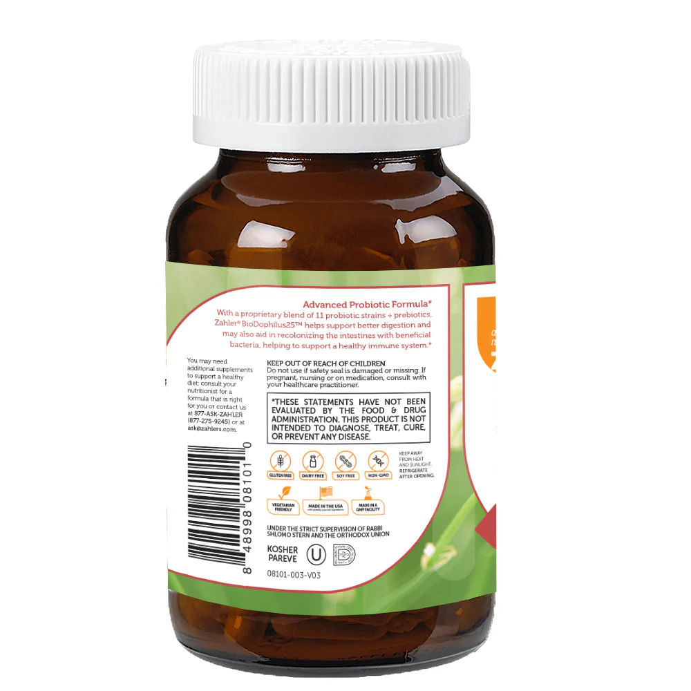 Zahler BioDophilus25, 25 Billion CFU Probiotic + Prebiotic - 11 Strains Daily Probiotic Supplement for Women for Digestive Health, Probiotics for Men for Gut Health (60 Capsules)