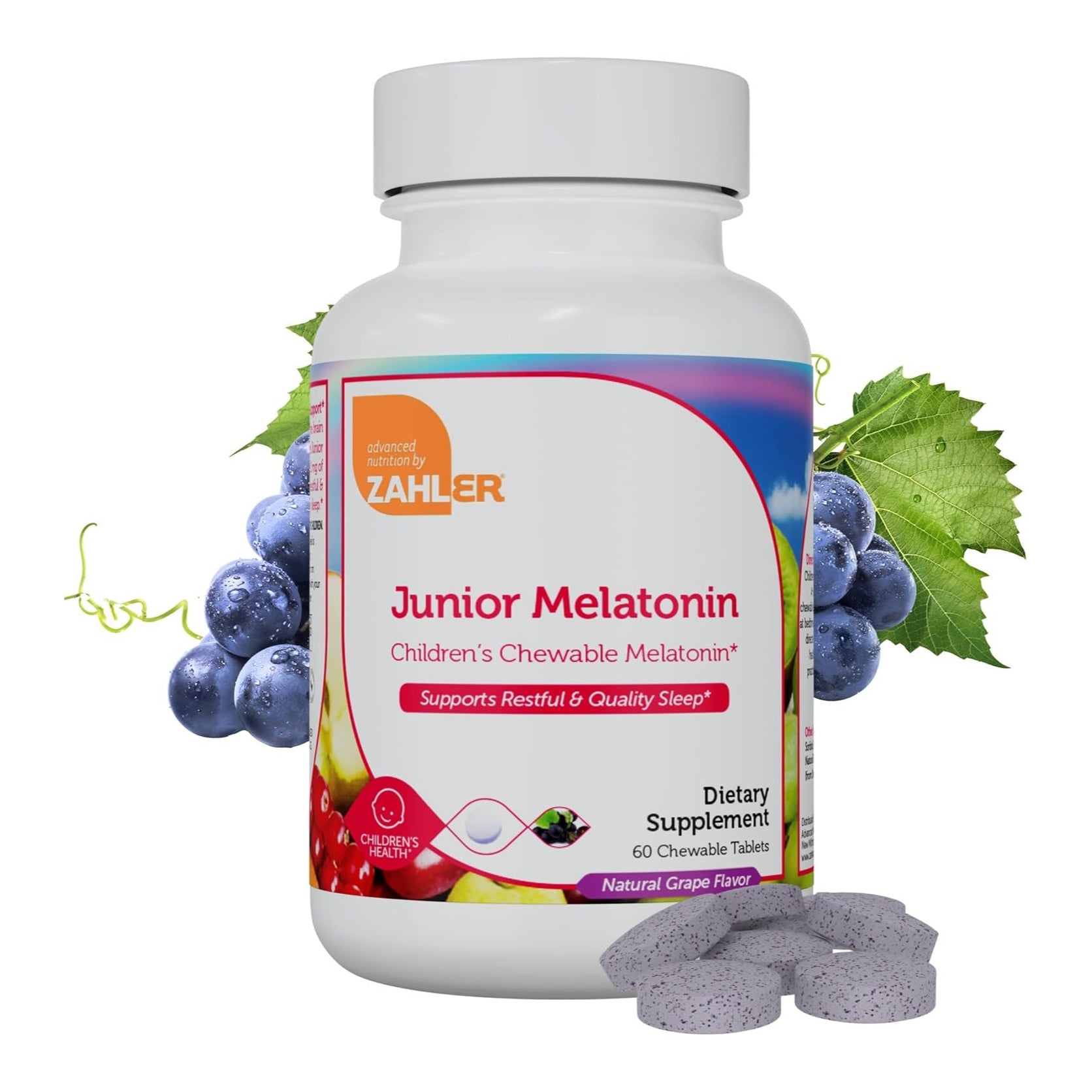 Zahler Junior Melatonin, Natural Grape, 60 Chewable Tablets (1 mg per Tablet)