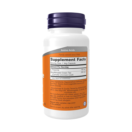 NOW Foods Supplements, L-Theanine 100 mg with Decaf Green Tea, Stress Management*, 90 Veg Capsules