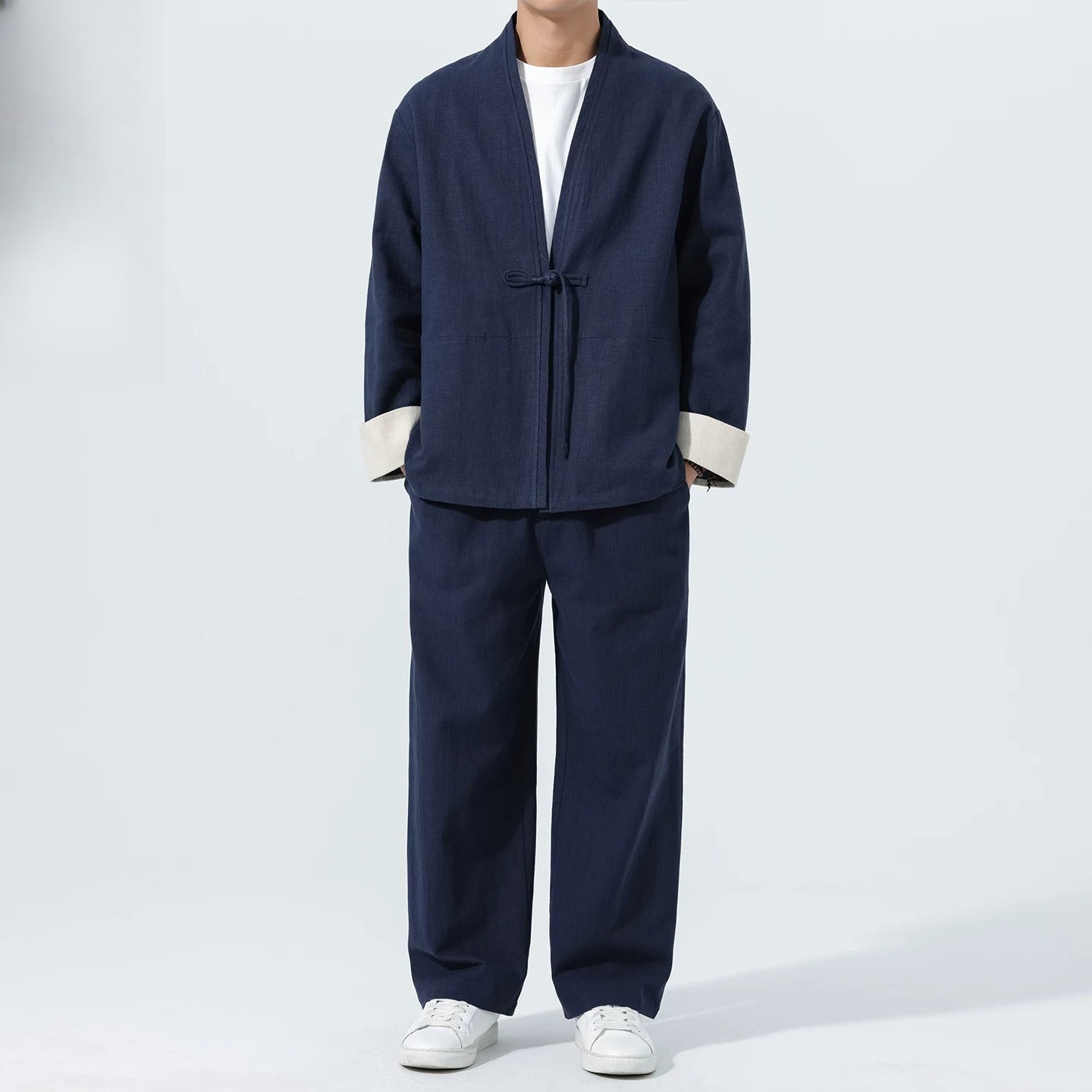 Large Size Men's Cotton Linen Kung Fu Uniform – Traditional 2-Piece Tang Suit for Tai Chi, Meditation & Daily Wear Navy blue Suit