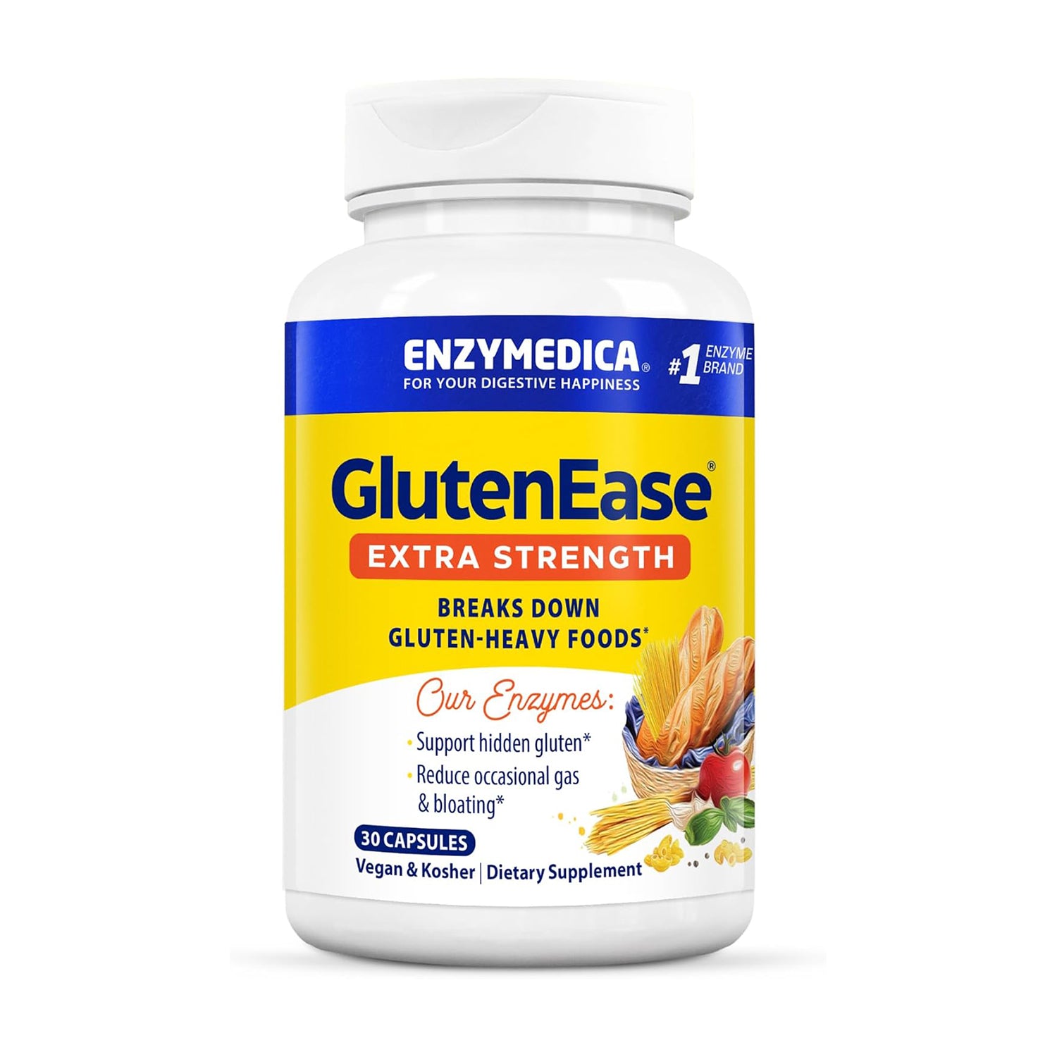 Enzymedica, GlutenEase Extra Strength, Maximum Potency Digestive Enzymes, Supports Gluten & Casein Intolerance, 30 Count
