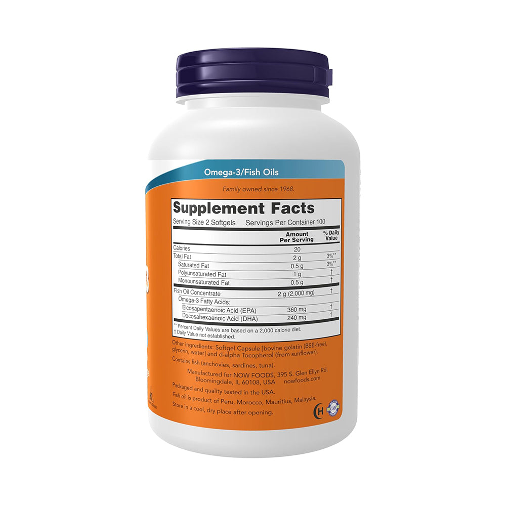 NOW Foods Supplements, Omega-3 180 EPA / 120 DHA, Molecularly Distilled, Cardiovascular Support*, 200 Softgels