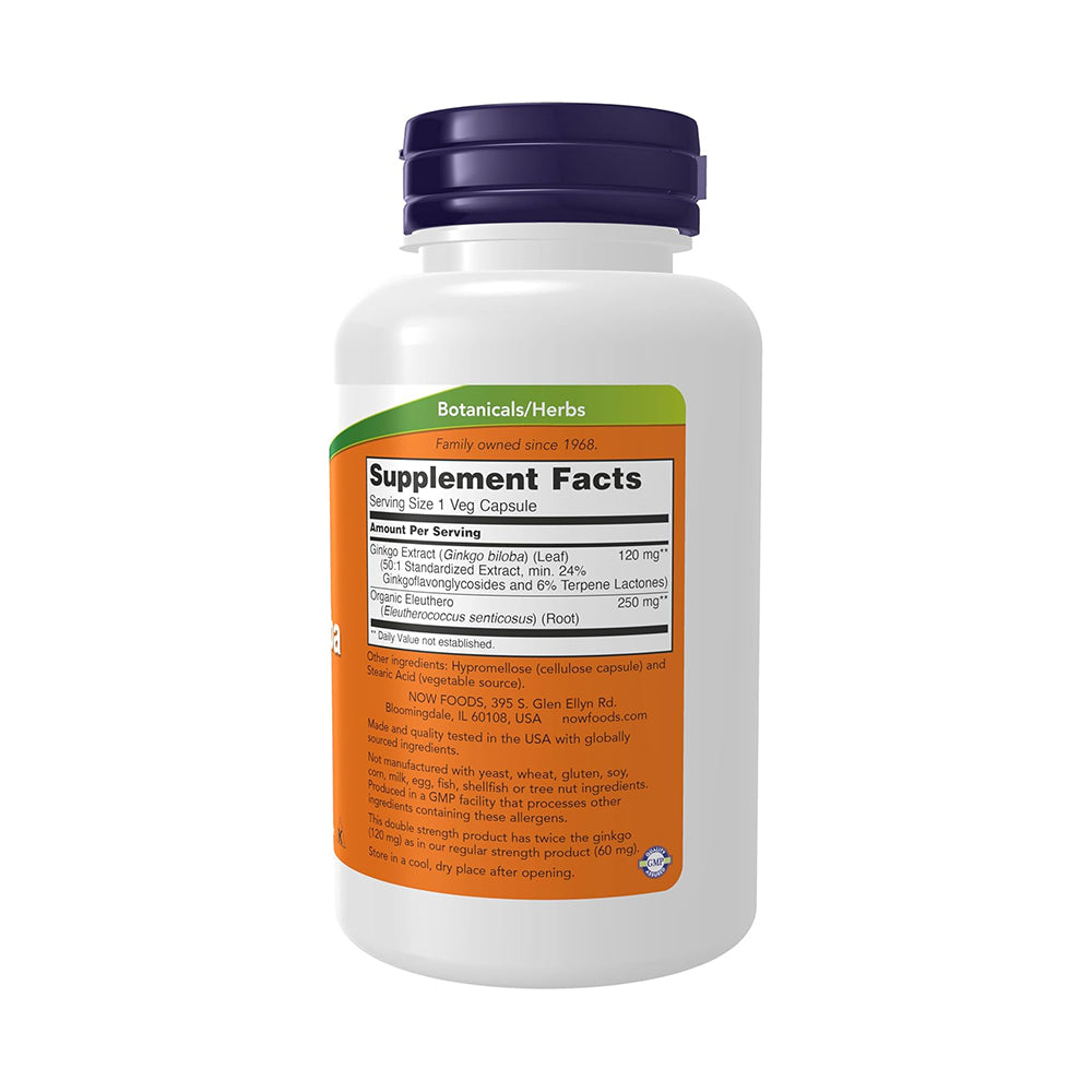 NOW Foods Supplements, Ginkgo Biloba 120 mg, Double Strength, Non-GMO Project Verified, 100 Veg Capsules