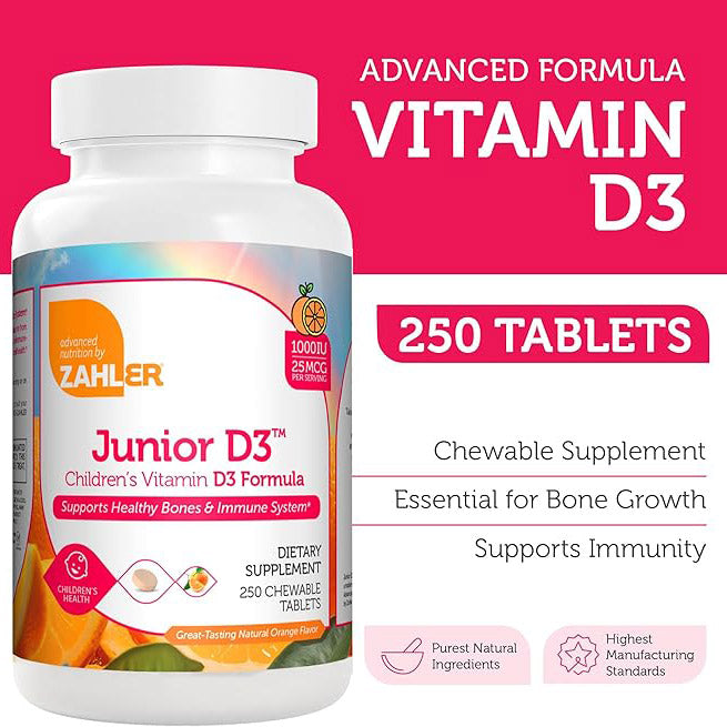Zahler, Junior D3, Advanced Vitamin D3 Formula, Orange, 25 mcg (1,000 IU), 250 Chewable Tablets