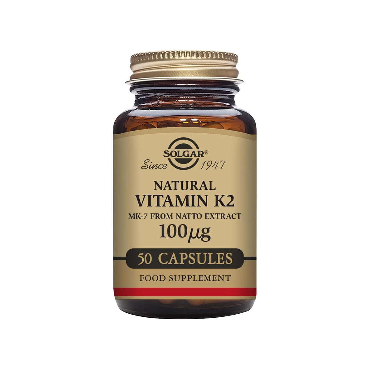 Solgar Vitamin K2 MK7 100mcg Vegetable Capsules Supports Bone Health Natural Whole Food Source from Natto Extract NonGMO Gluten Free Servings, Original, 50 Count