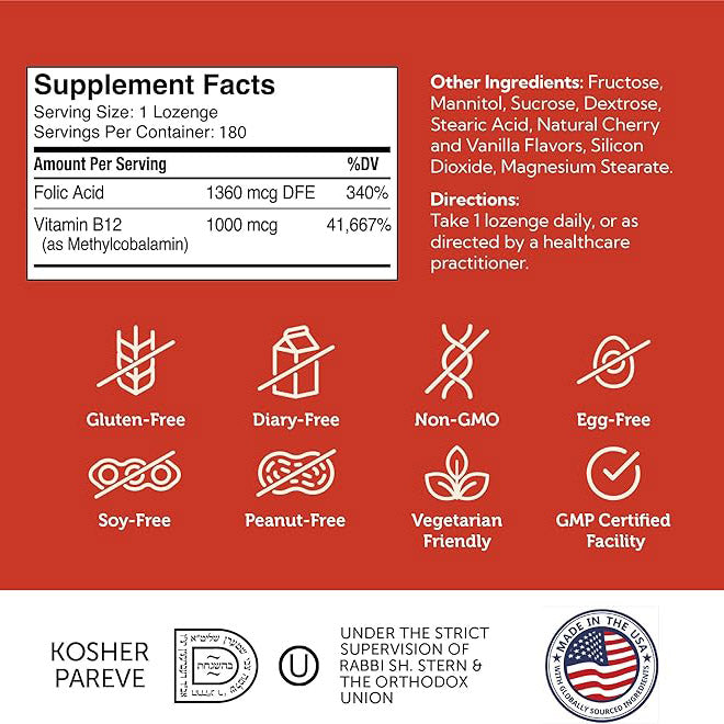 Zahler Energizer - Vitamin Methylated B12 & Folate Supplement with 1360 mcg Folic Acid + 1000 mcg Methyl Vitamin B12 (180 Count)