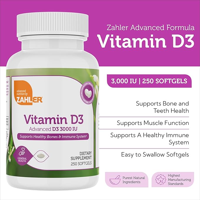 Zahler - Advanced Vitamin D3 3000 IU Softgels (250 Count) for Immune Support, Bone, Teeth & Muscle Health
