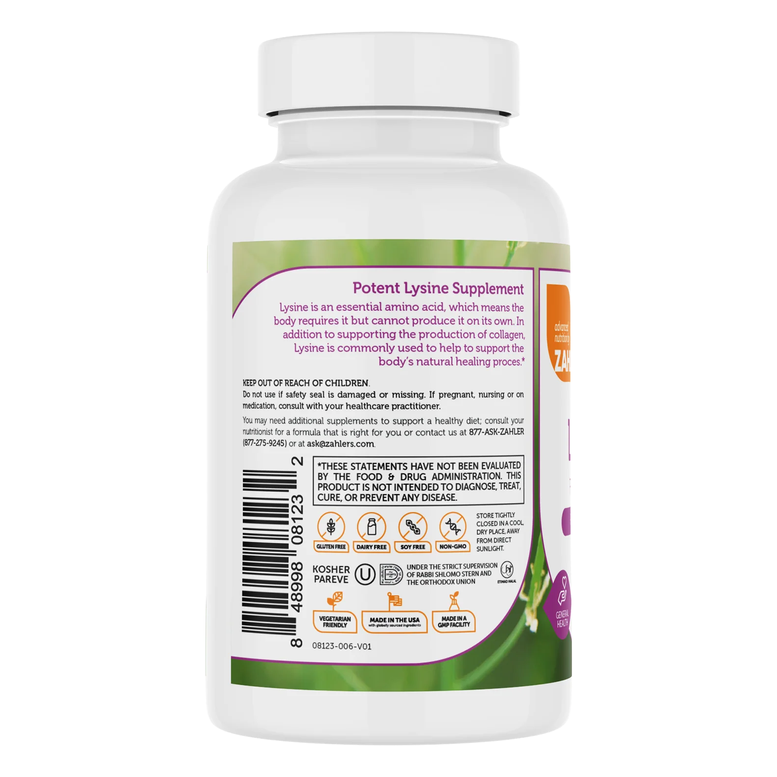 Zahler L-Lysine 500mg, Freeform L-Lysine Supplement, Kosher 60 Capsules