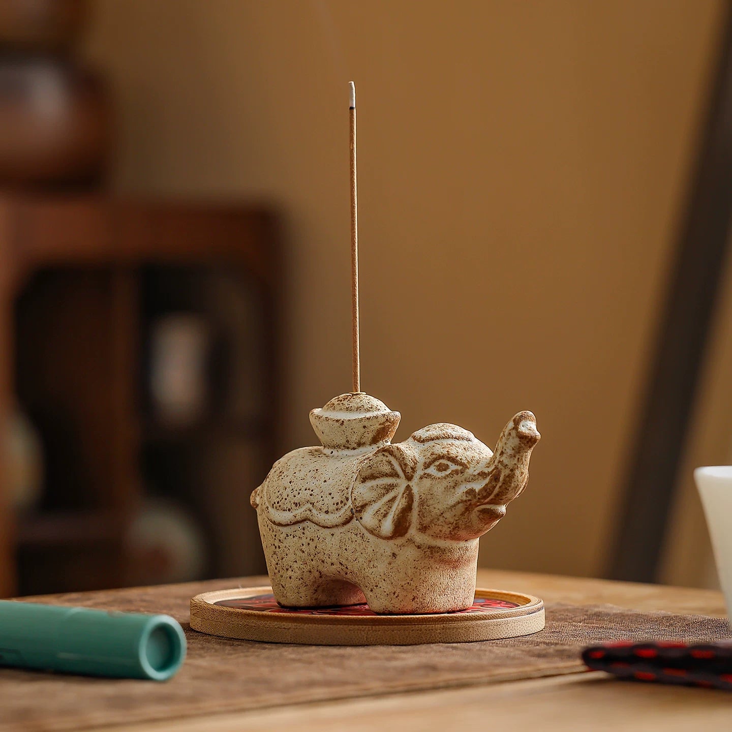 Buddha & Elephant Ceramic Incense Burner – Zen Stick/Coil Incense Holder, Tea Ceremony Decor & Meditation Gift
