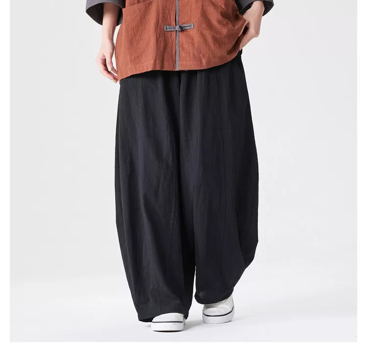Unsexual Cotton Wide Leg Pants Long Pants- Black / Navy Blue / Hemp Black