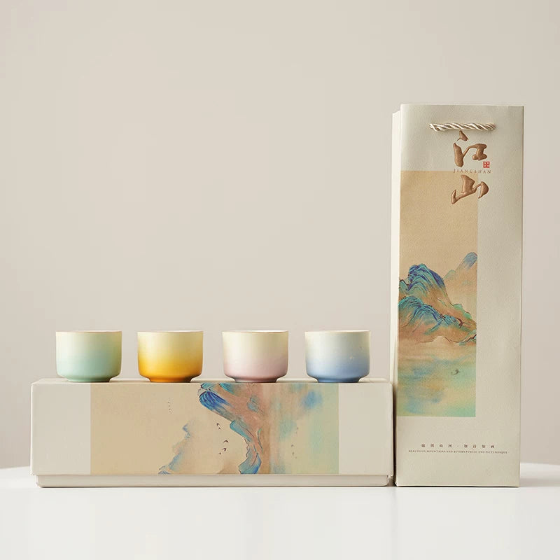 Oriental Aesthetic Tea Tasting Cup Set – 4 Ceramic Cups & Gift Box, High-End Practical Souvenir for Tea Lovers Gradual Below 200mL