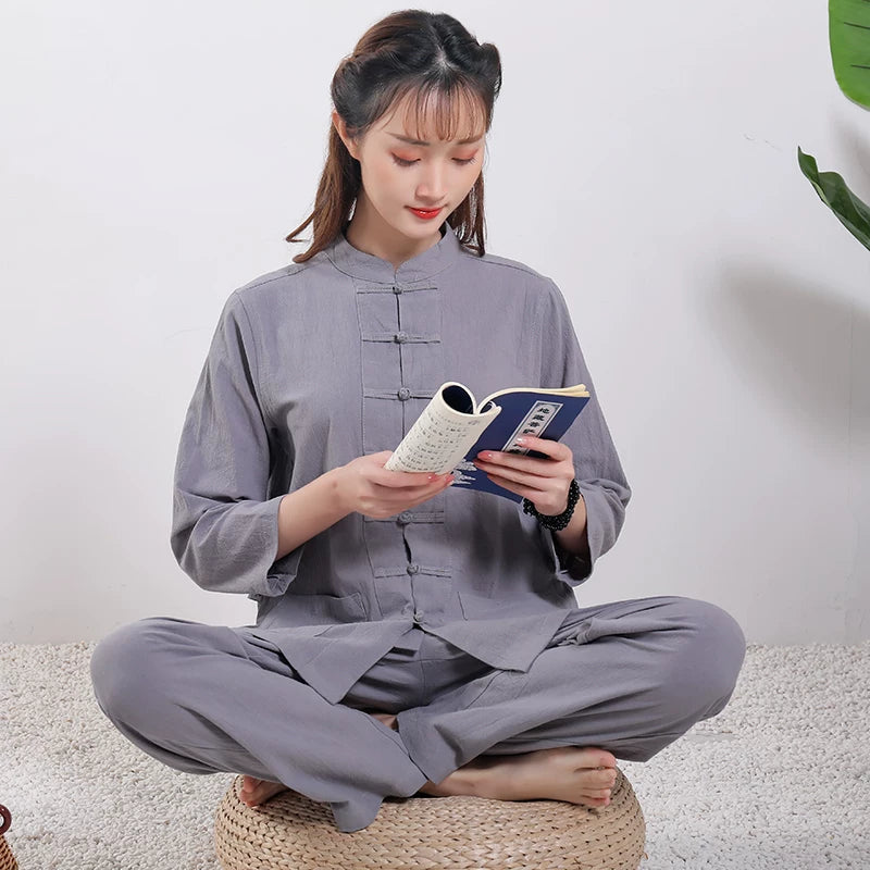 Xuanshan unisex lay suit tea suit cotton and linen wide-leg pants Chinese style Zen Chinese Tang style Zen suit set Female Grey