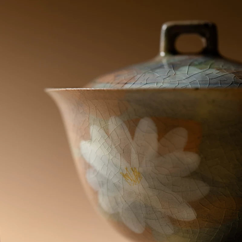 Hand-Painted Daisy Gaiwan 100ml – Rustic Ceramic 2-Piece Lid Bowl, Japanese Vintage Style