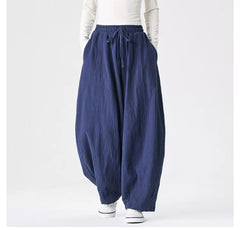 Unsexual Cotton Wide Leg Pants Long Pants- Black / Navy Blue / Hemp