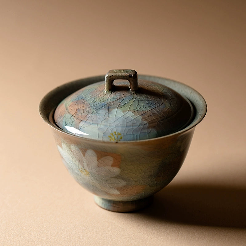 Hand-Painted Daisy Gaiwan 100ml – Rustic Ceramic 2-Piece Lid Bowl, Japanese Vintage Style 100ml