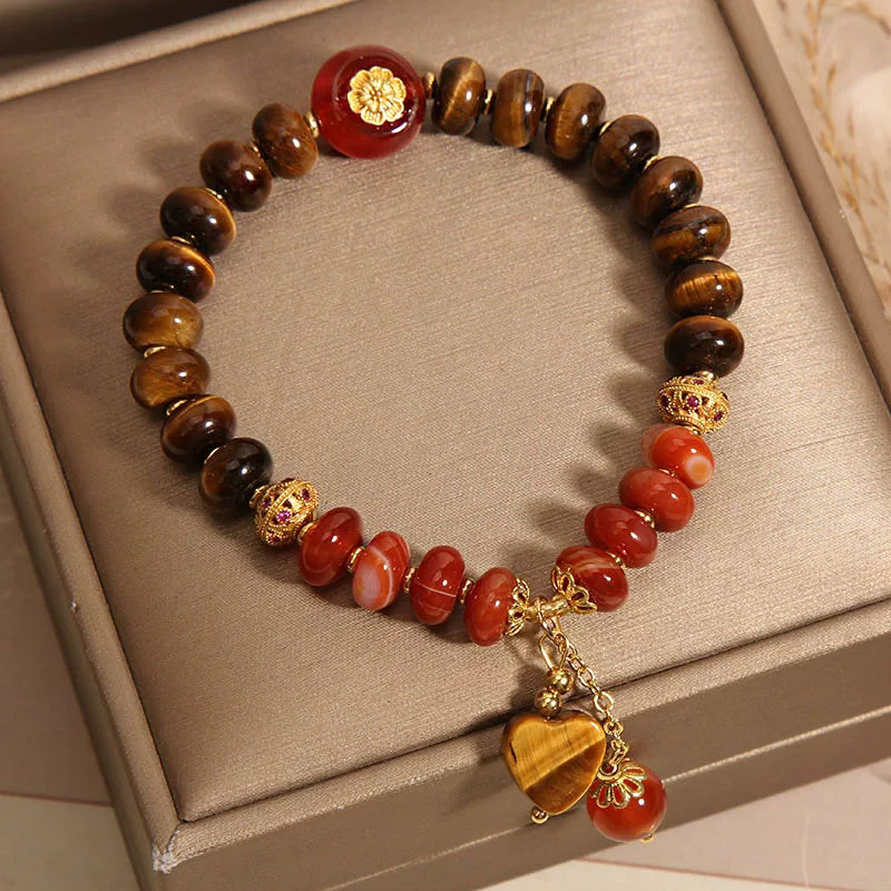 Tiger Eye Abacus Bracelet with Red Agate Heart – Retro New Chinese Style Beaded Hand Jewelry for Women
