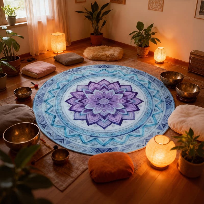 Singing Bowl Healing Room Carpet Round Meditation Mat Blue-Purple