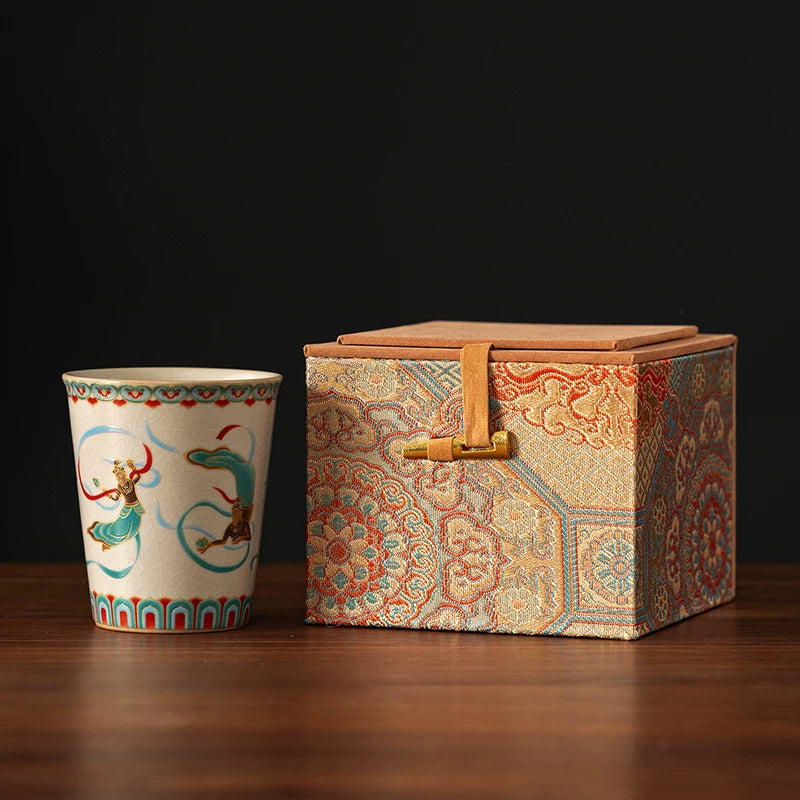 Ruyao Dunhuang Ceramic Tumbler – Large Personal Tea Cup, Premium Gift Box, 2 Styles L Style A With Gift Box