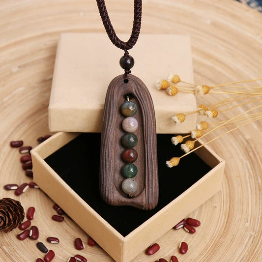 Retro Wood & Agate Necklace – Tibetan Style Sandalwood Pendant with Fortune Bead, Artsy Minimalist Jewelry