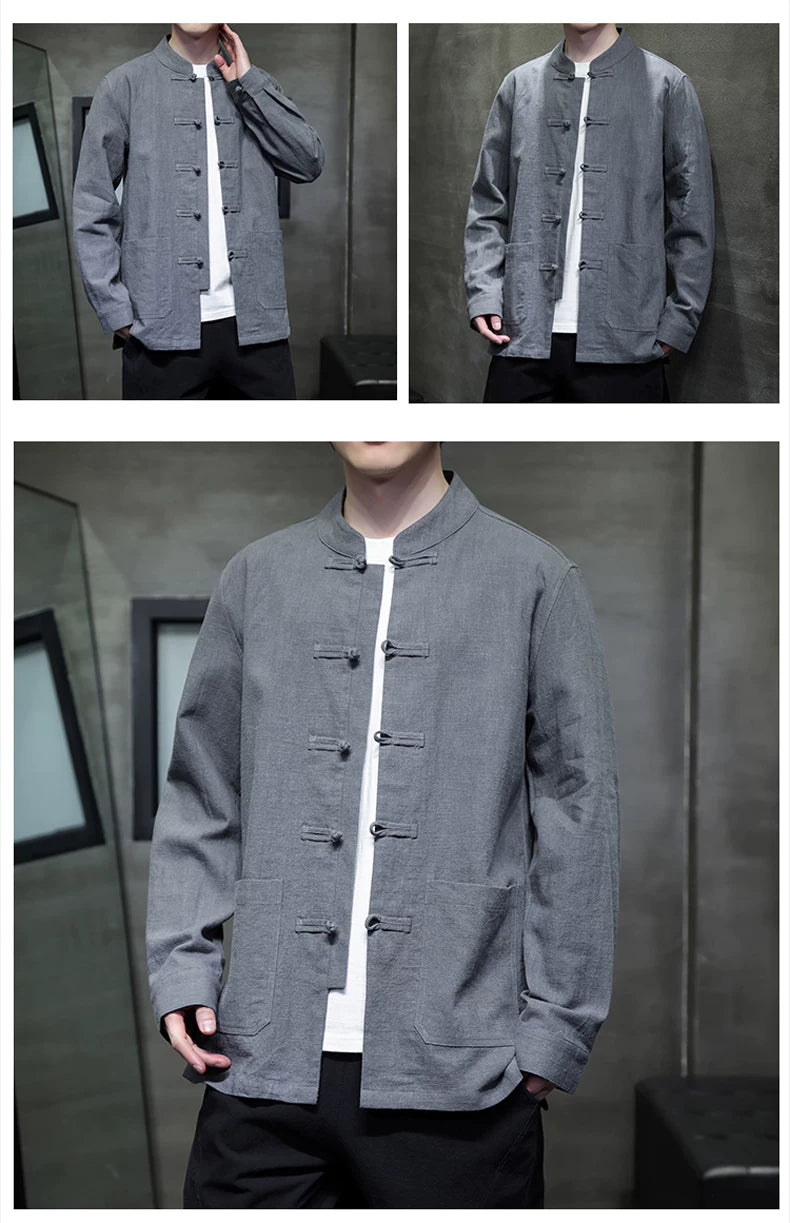 Ramie Stand Collar Men's Autumn Chinese Style Retro Long Sleeved Cotton Linen Shirt