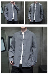 Ramie Stand Collar Men's Autumn Chinese Style Retro Long Sleeved Cotton Linen Shirt