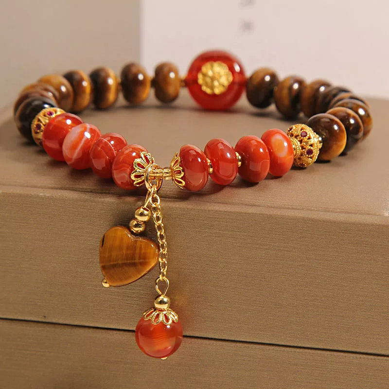 Tiger Eye Abacus Bracelet with Red Agate Heart – Retro New Chinese Style Beaded Hand Jewelry for Women