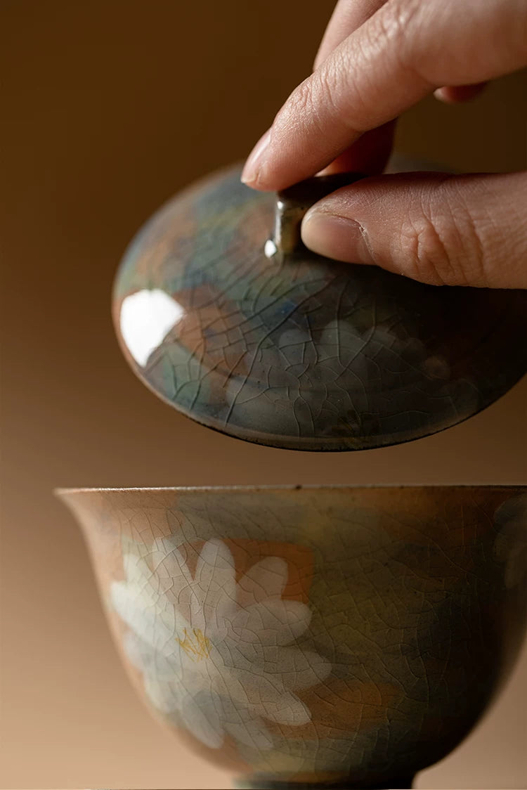 Hand-Painted Daisy Gaiwan 100ml – Rustic Ceramic 2-Piece Lid Bowl, Japanese Vintage Style