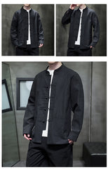Ramie Stand Collar Men's Autumn Chinese Style Retro Long Sleeved Cotton Linen Shirt