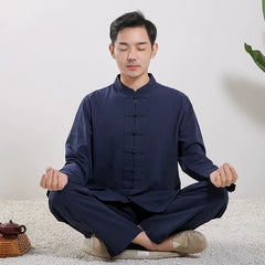 Zen Jushi Clothing – Cotton Linen Tai Chi & Yoga Outfit, Unisex Dharma / Tea Ceremony Suit Navy blue Long sleeves