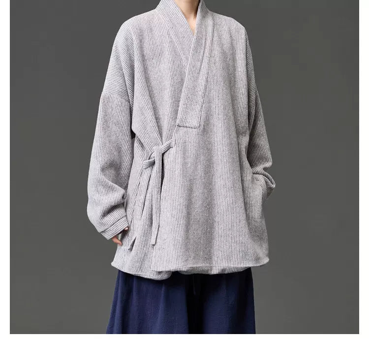 Unisex Autumn/Winter Chinese Layman's Robe – Mid-Length Loose Taoist Gown, Zen Meditation & Tea Ceremony Clothing Grey