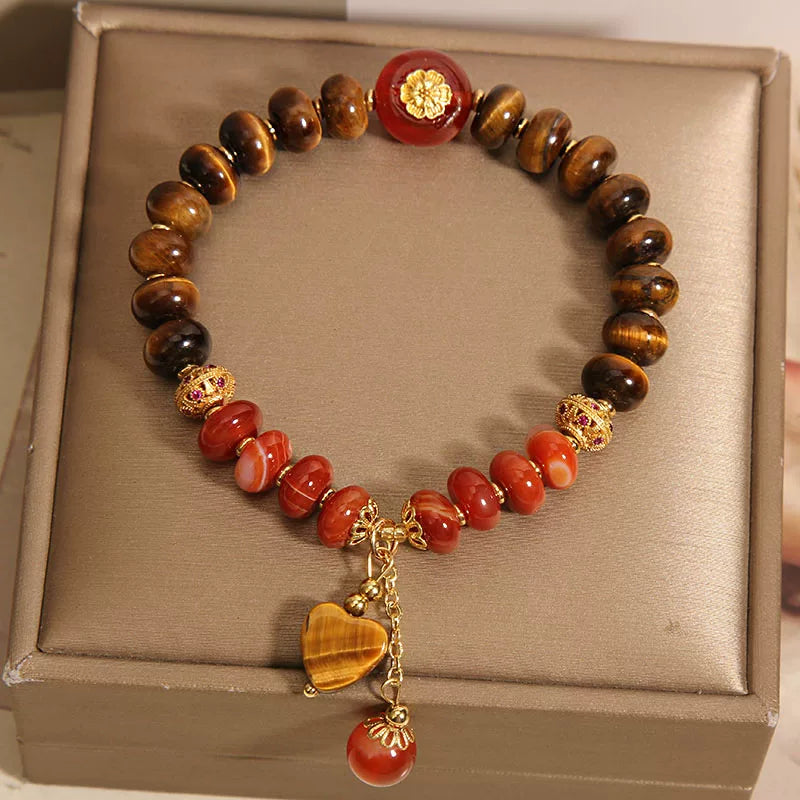 Tiger Eye Abacus Bracelet with Red Agate Heart – Retro New Chinese Style Beaded Hand Jewelry for Women