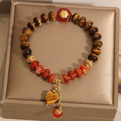 Tiger Eye Abacus Bracelet with Red Agate Heart – Retro New Chinese Style Beaded Hand Jewelry for Women