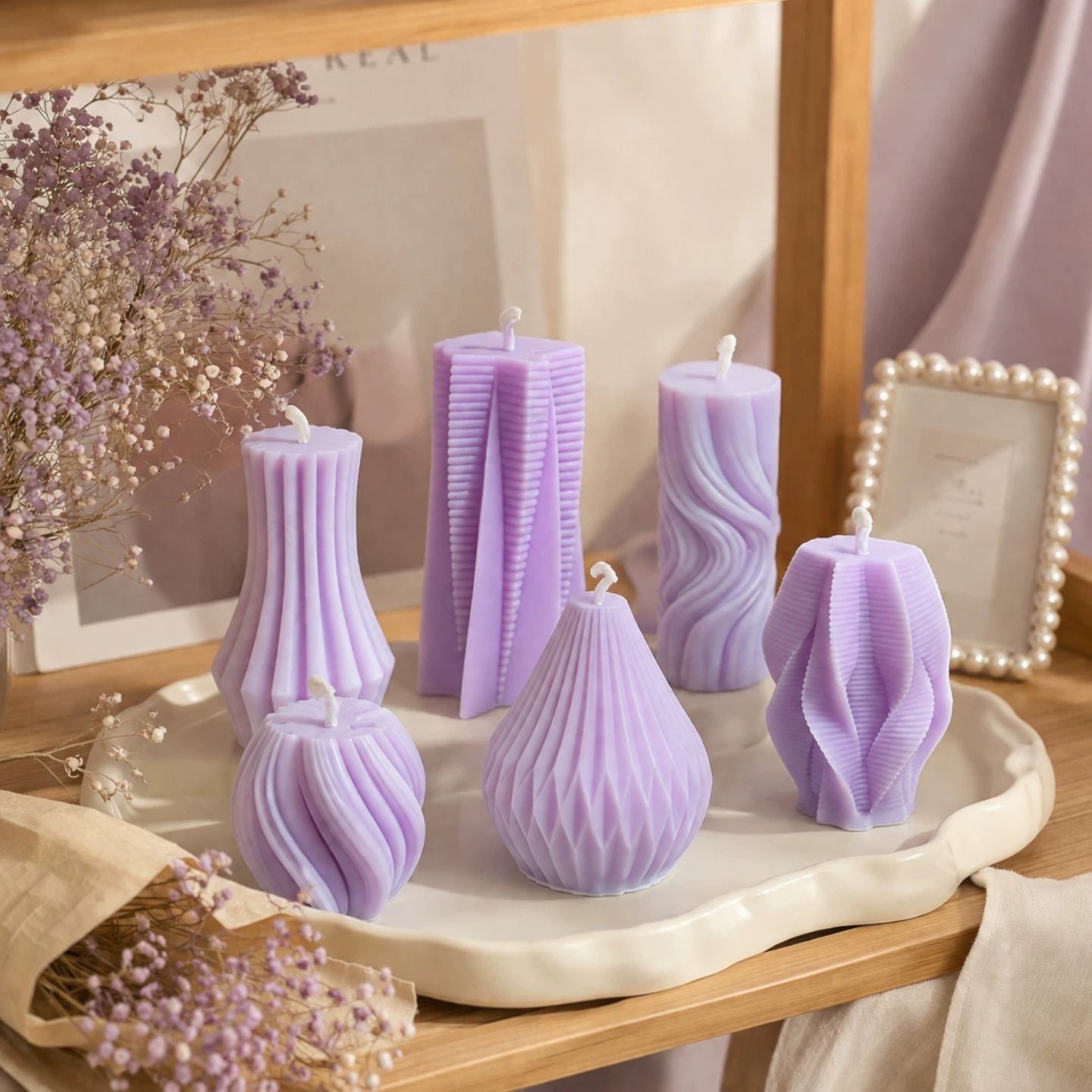 6-in-1 Lilac Sculptural Candles – French Retro Purple Home Decor, Smokeless & Long Burning