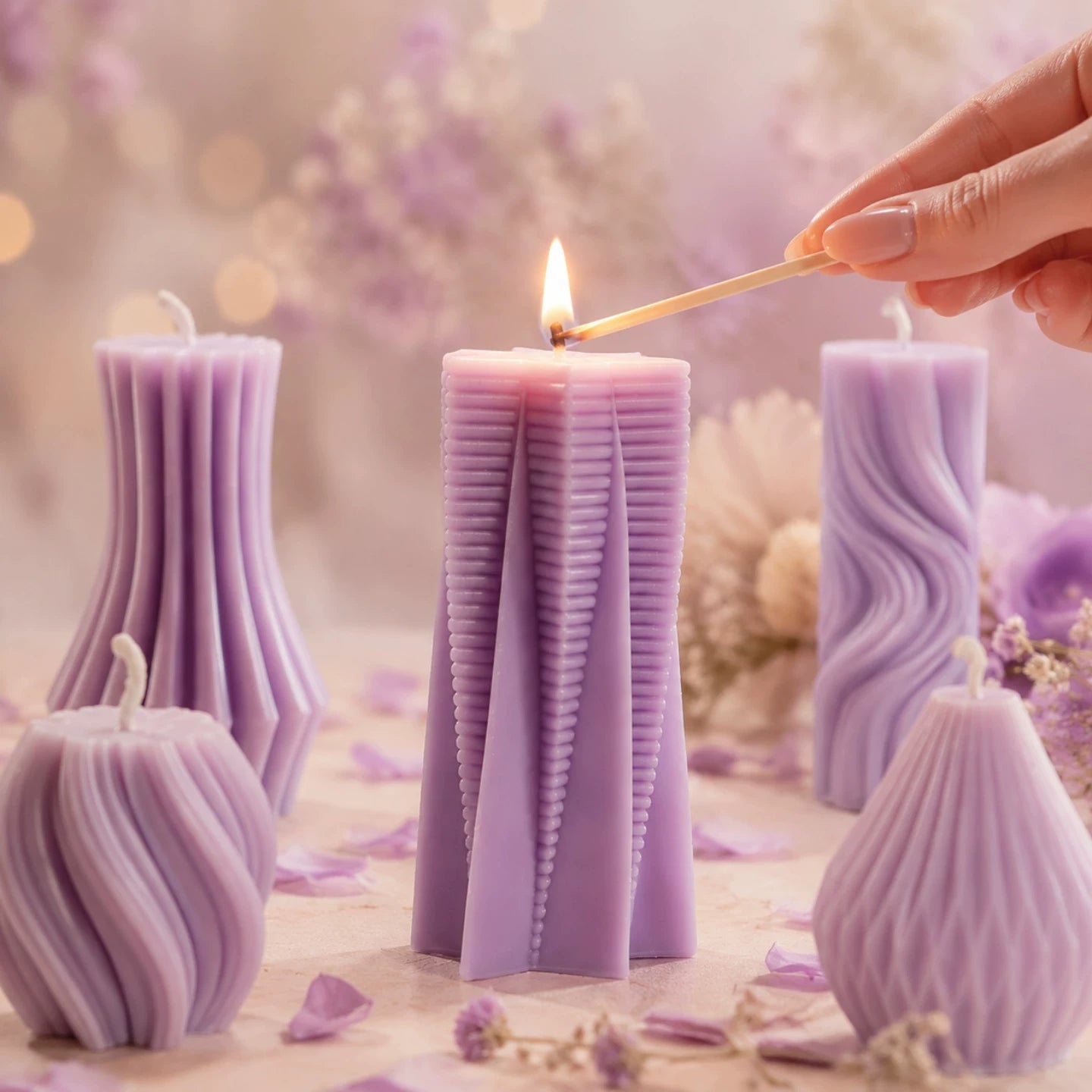 6-in-1 Lilac Sculptural Candles – French Retro Purple Home Decor, Smokeless & Long Burning
