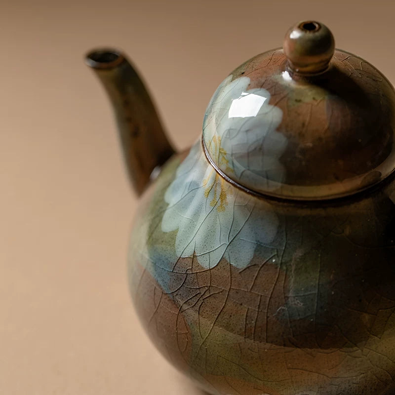 Vintage Rustic Ceramic 100ml Teapot – Hand-Painted Crackle Glaze, Artisan Gongfu Tea Pot for Home & Tea Room