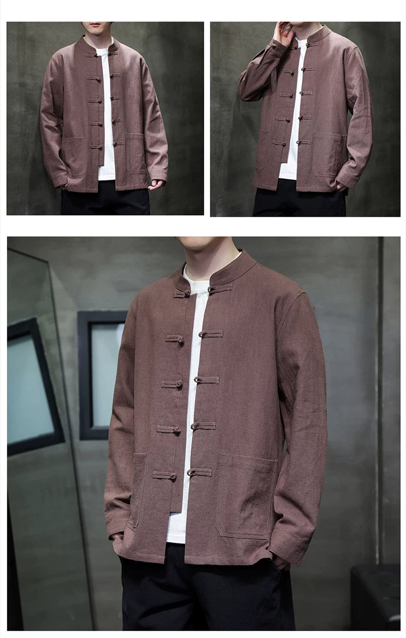 Ramie Stand Collar Men's Autumn Chinese Style Retro Long Sleeved Cotton Linen Shirt