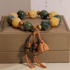 Green Sandalwood & Bodhi Root Bracelet – Lotus Pod Pendant Multi-Gem Beaded Jewelry, New Chinese Style for Women