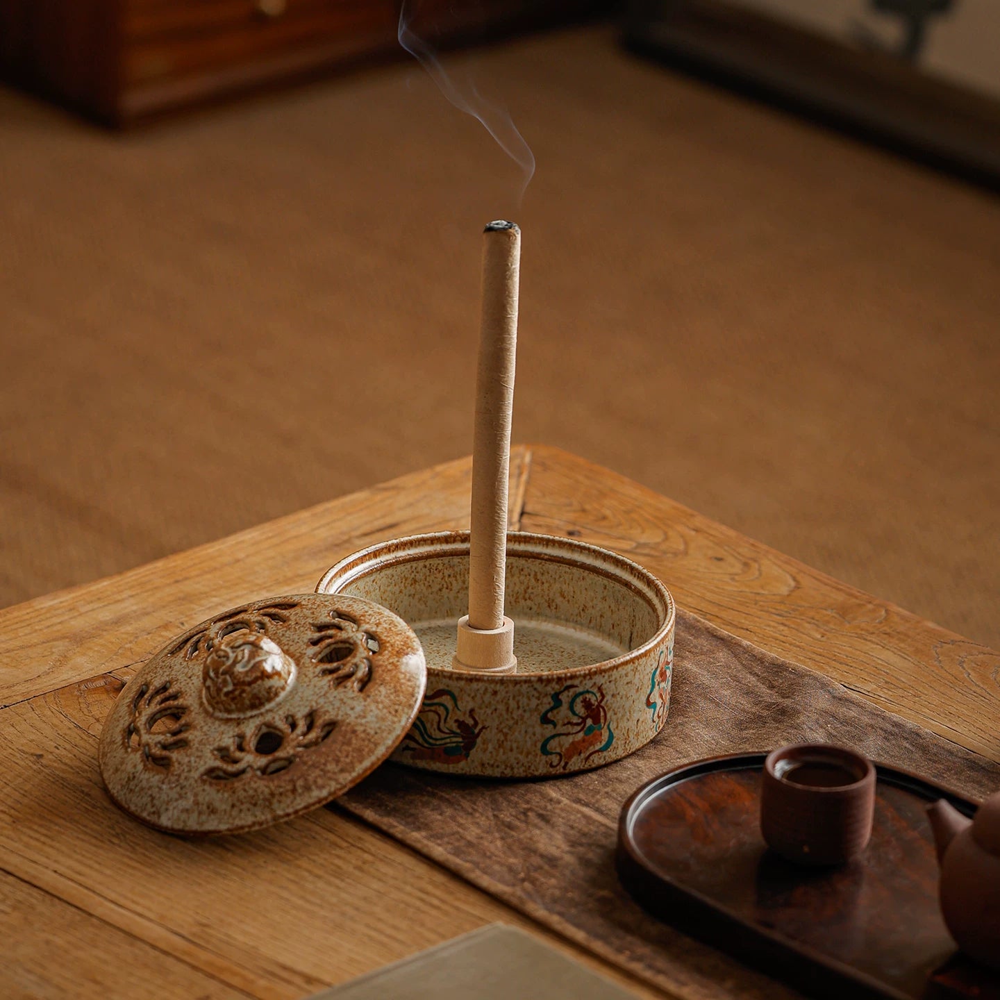 Ceramic Coil Incense Burner – Traditional Chinese Censer for 4/8/24H Coil, Tea Table & Zen Home Decor