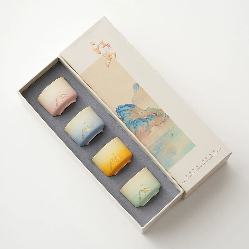 Oriental Aesthetic Tea Tasting Cup Set – 4 Ceramic Cups & Gift Box, High-End Practical Souvenir for Tea Lovers