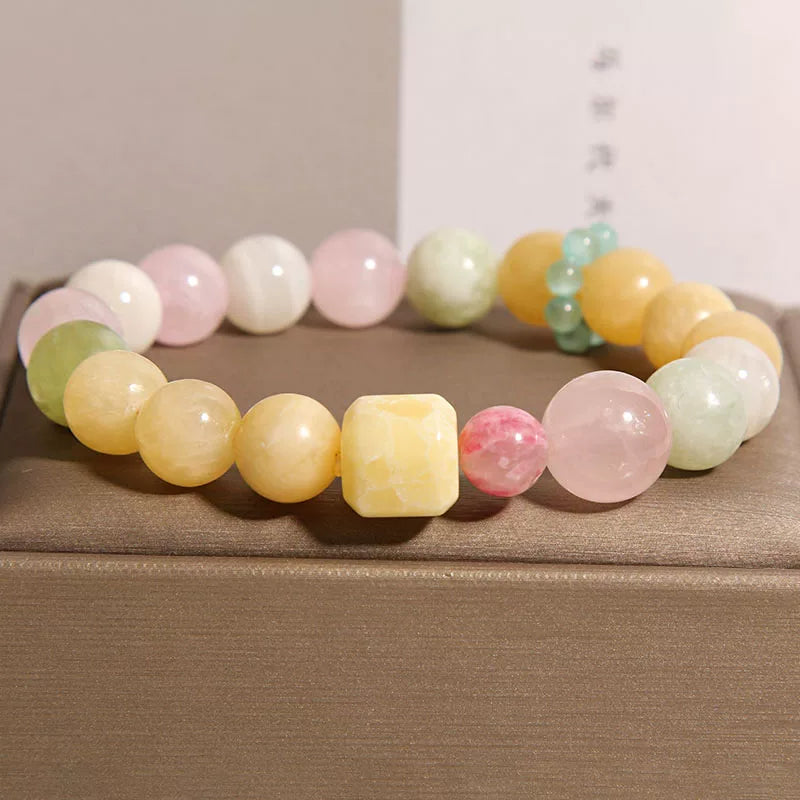 Luxury Square-Cut Yellow Jade & Rose Quartz Bracelet – Minimalist Multi-Stone Beaded Jewelry for Women