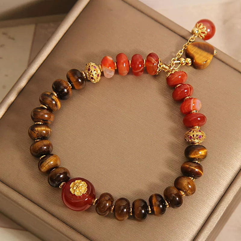 Tiger Eye Abacus Bracelet with Red Agate Heart – Retro New Chinese Style Beaded Hand Jewelry for Women