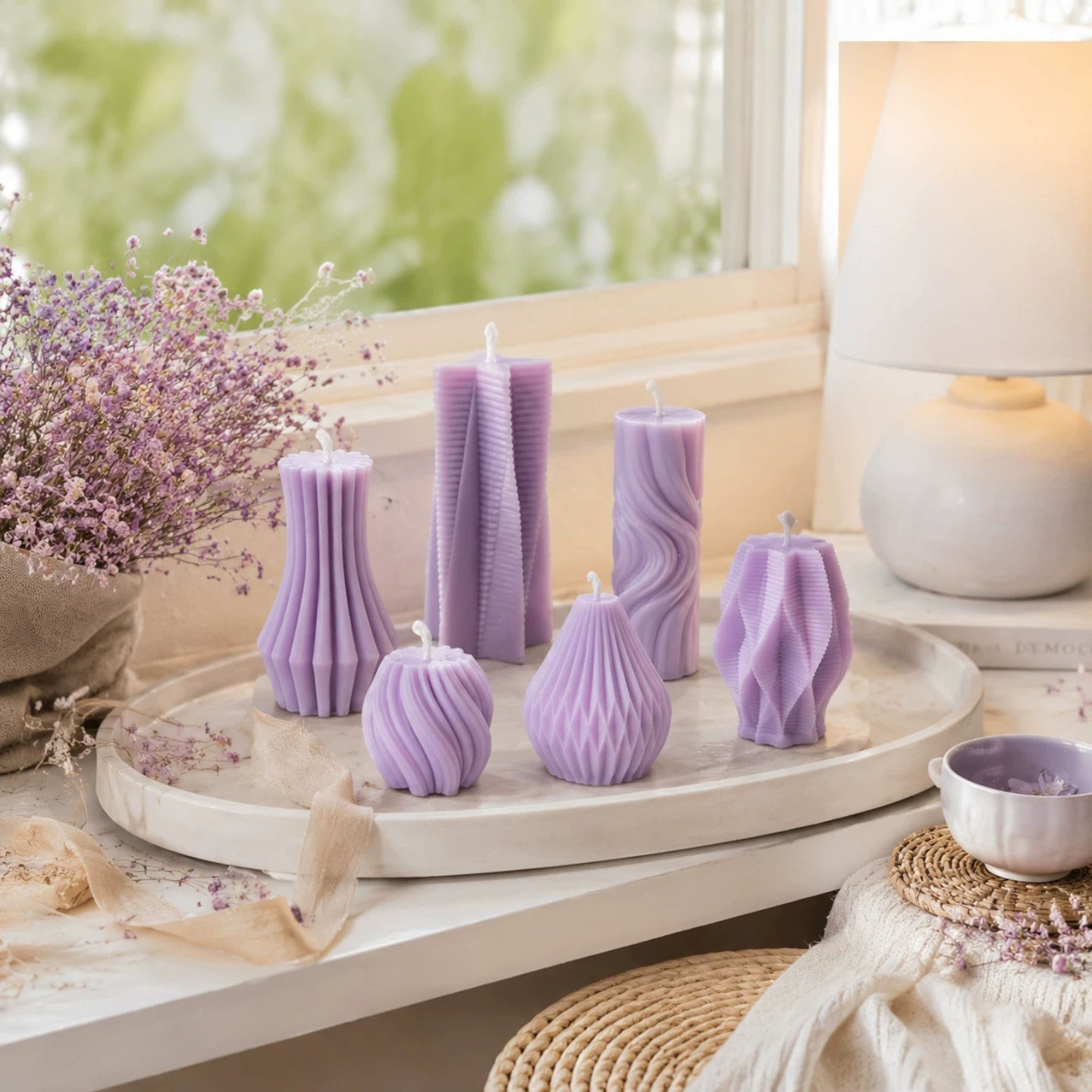 6-in-1 Lilac Sculptural Candles – French Retro Purple Home Decor, Smokeless & Long Burning