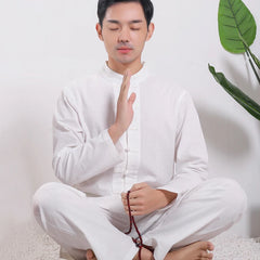 Zen Jushi Clothing – Cotton Linen Tai Chi & Yoga Outfit, Unisex Dharma / Tea Ceremony Suit White Long sleeves