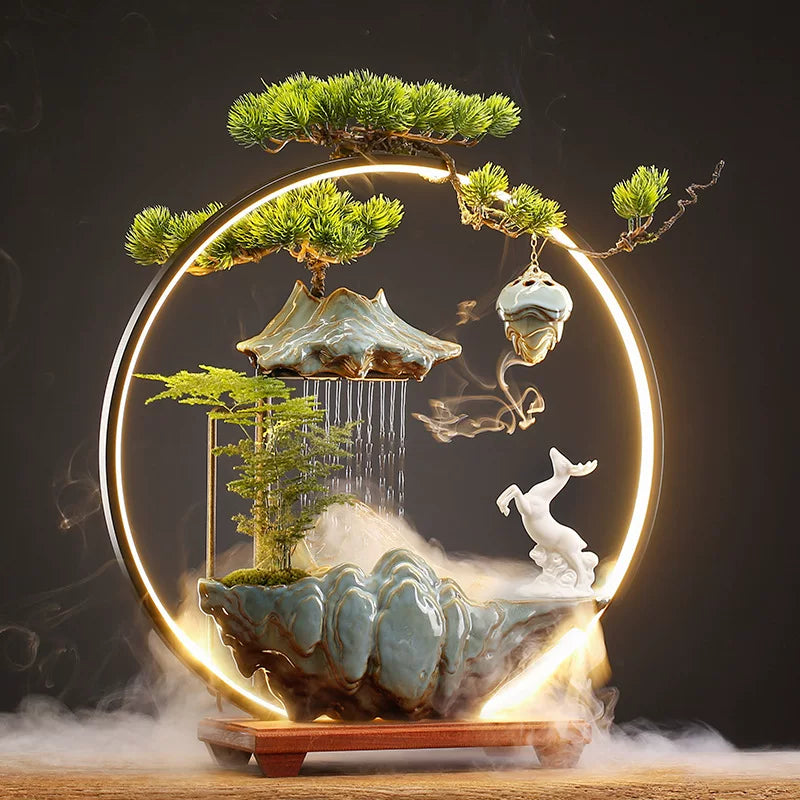 Flowing Water "High Mountain" Bonsai Fountain – Zen Tabletop Water Feature, Feng Shui Prosperity Gift